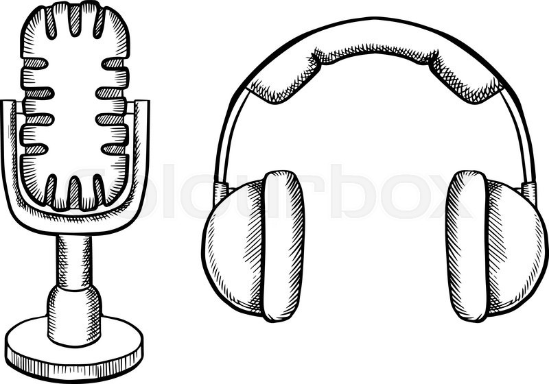 800x560 Retro Headphones And Desktop Microphone With Stand Isolated On - Microphone Sketch