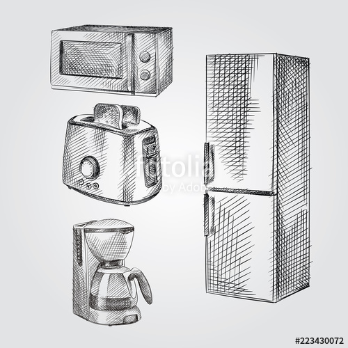 500x500 Hand Drawn Kitchen Appliances Sketches Set. Collection Of - Microwave Sketch