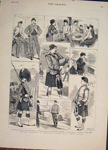 437x606 Antique Print Military Sketches Edinburgh Castle French Artist - Military Sketches