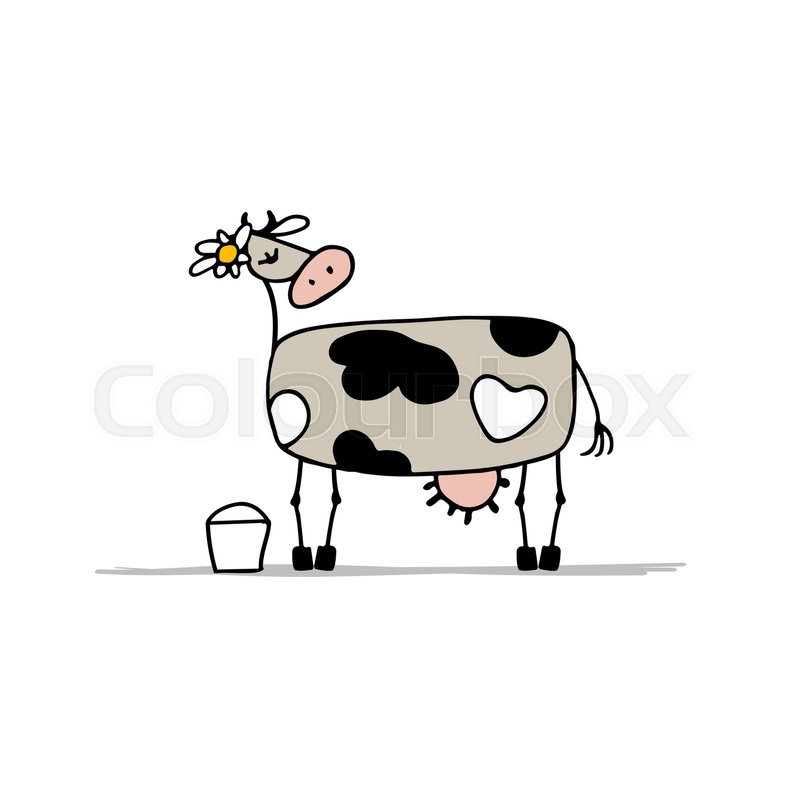 800x800 Cute Cow With Bucket Of Milk, Sketch For Your Design. Vector - Milk Sketch