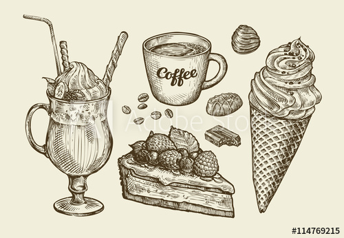 500x346 Food, Dessert, Drink. Hand Drawn Ice Cream, Sundae, Cup Of Coffee - Milkshake Sketch