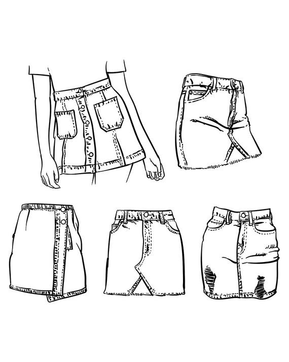 570x713 Denim Skirt Outline On A White Background. Hand Drawn Jean Etsy - Mini Skirt Sketch