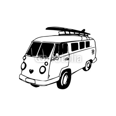 400x400 Vintage Hand Drawn Surfing Bus Sketch. Beach Minivan Illustration - Minibus Sketch