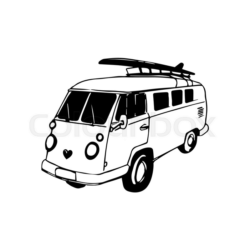 799x800 Vintage Hand Drawn Surfing Bus Sketch. Beach Minivan Illustration - Minivan Sketch
