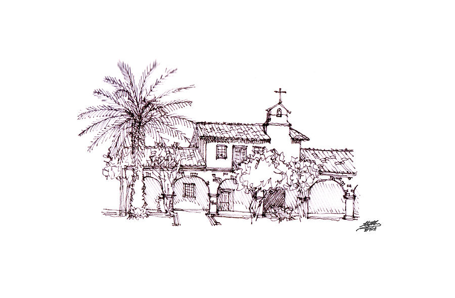 900x590 Mission San Juan Capistrano Drawing By Steve Huang - Mission Sketch