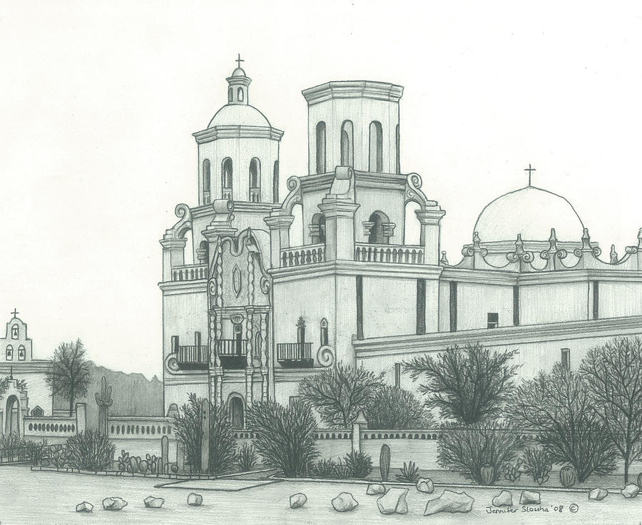 900x736 San Xavier Del Bac Mission Drawing By Jennifer Slouha - Mission Sketch