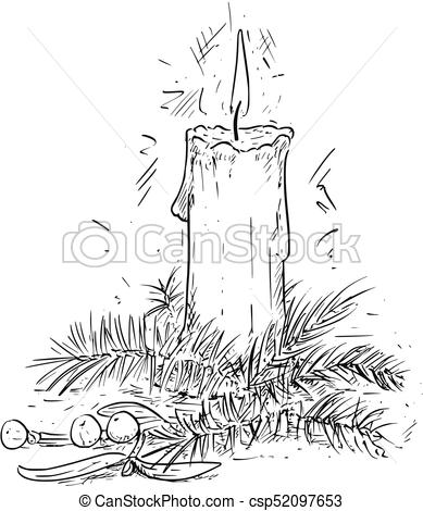 389x470 Christmas Candle With Spruce And Mistletoe Branches Drawing Vector - Mistletoe Sketch