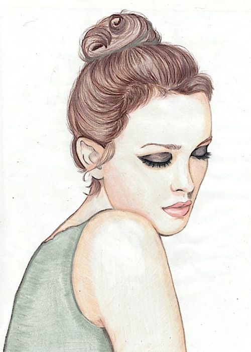 500x699 High Bun, Dark Eyes, Soft Pink Rose Lips Face Forward Hair - Model Face Sketch