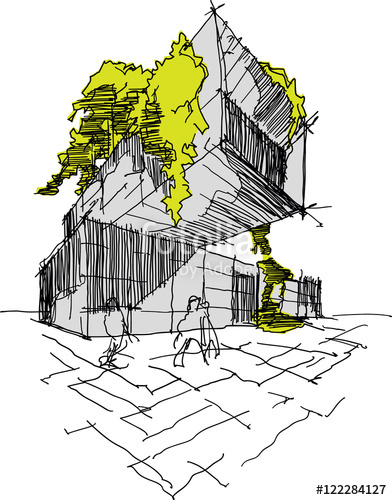 392x500 Hand Drawn Architectural Sketch Of A Modern Building With Lot Of - Modern Building Sketch