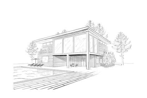 473x315 Sketch Of Modern House With Swimming Pool Posters By Alchena - Modern House Sketch