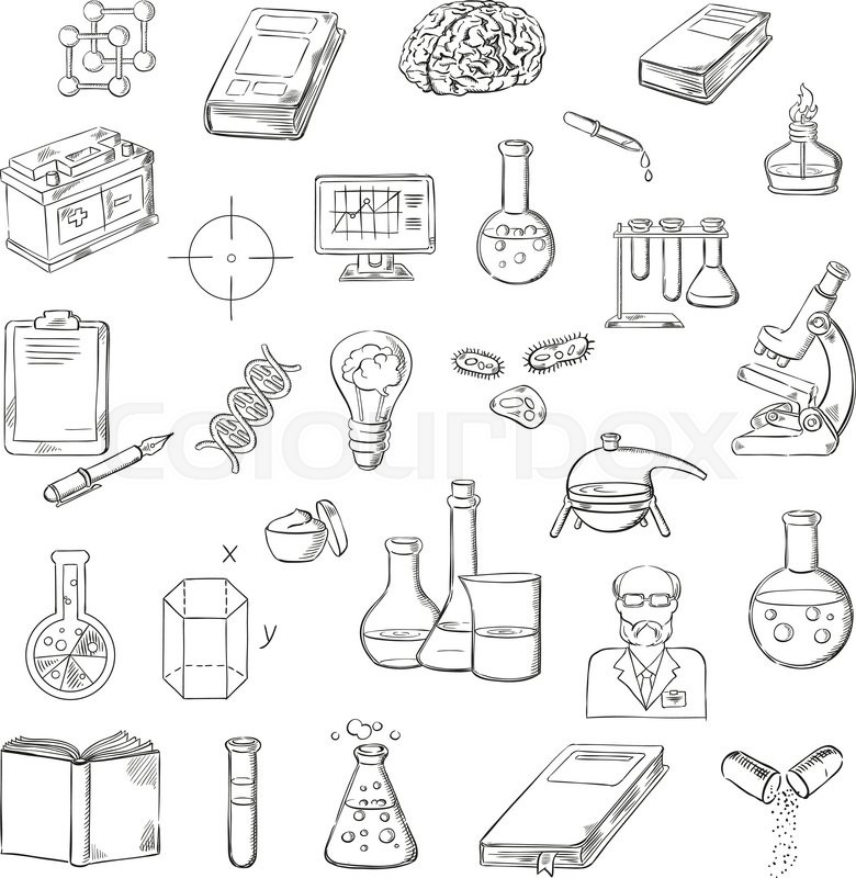 780x800 Scientist With Sketch Symbols Of Microscope, Laboratory Test Tubes - Molecule Sketch