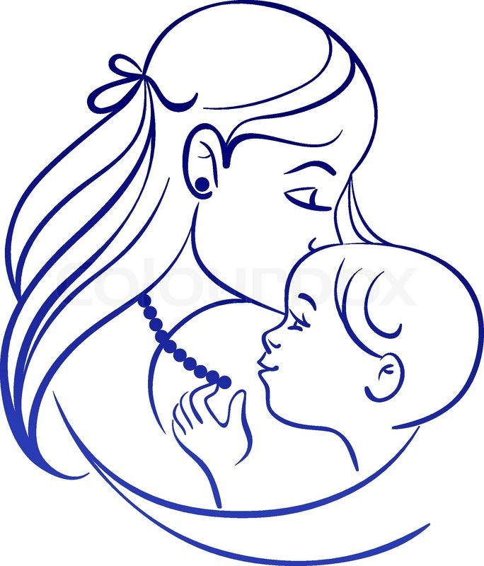 684x800 Mother And Baby. Linear Silhouette Of Mother And Her Child Stock - Mom And Baby Sketch