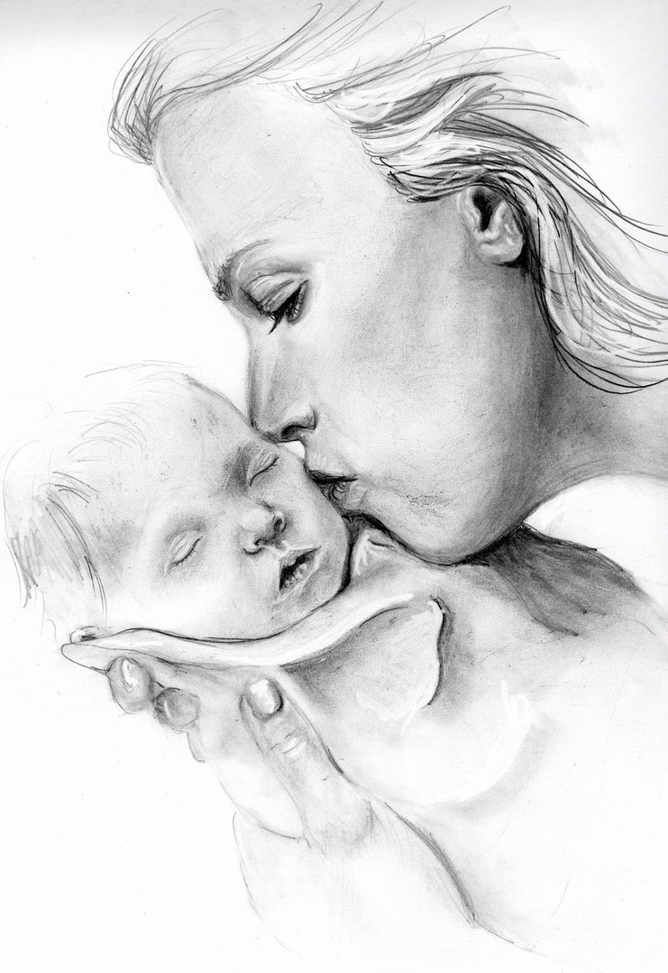 741x1079 Pictures Mom Holding Baby Drawing, - Mom And Child Sketch