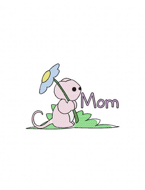 489x640 Mouse With Flower And Mom Word Sketch Embroidery Design - Mom Sketch