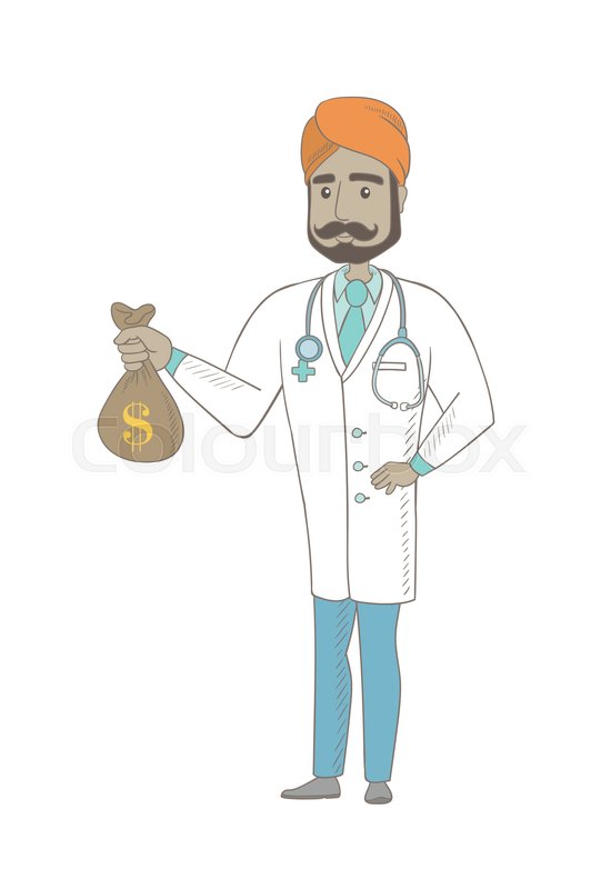 550x800 Indian Doctor Showing Money Bag With Dollar Sign. Full Length Of - Money Bag Sketch