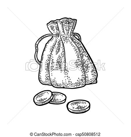 450x470 Old Money Bag With Coins. Vintage Black Vector Engraving - Money Bag Sketch
