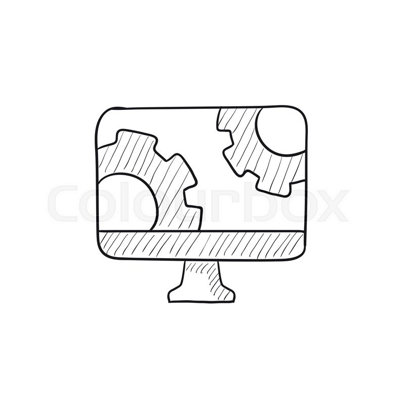 800x800 Computer Monitor With Gears Vector Sketch Icon Isolated On - Monitor Sketch