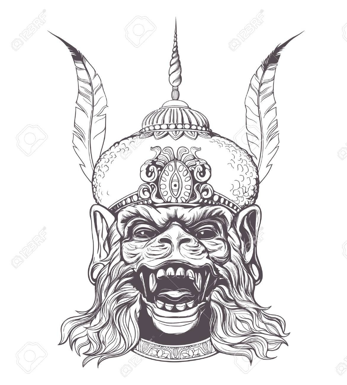 1172x1300 Hanuman Face Sketch Hand Drawn Indian God Hanuman With The Monkey - Monkey Face Sketch