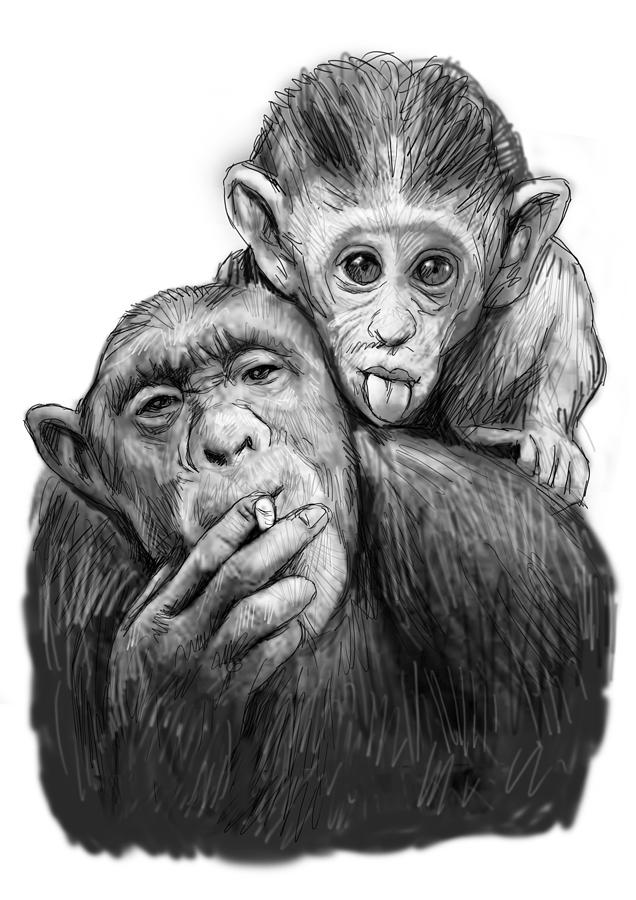 636x900 Monkey Mum With Son Drawing Sketch Painting By Kim Wang - Monkey Sketch