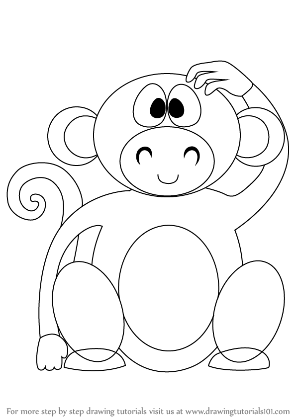 597x845 Learn How To Draw A Cute Monkey Cartoon (Zoo Animals) Step By Step - Monkey Sketch Cartoon