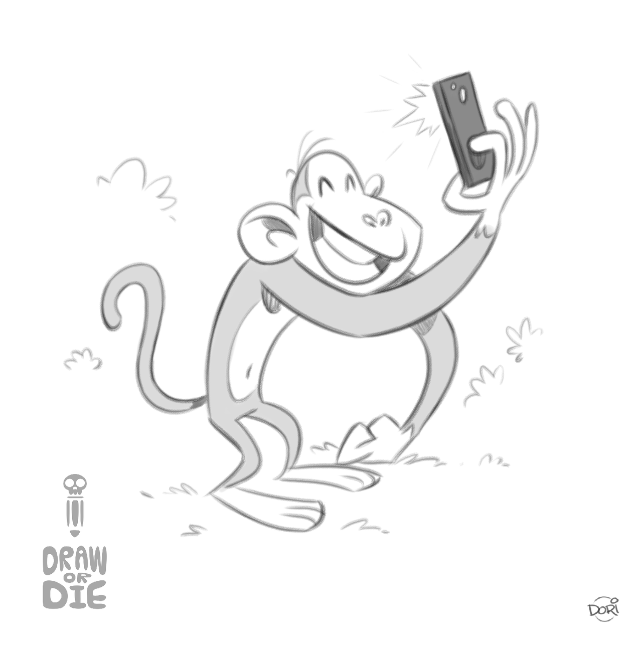 1280x1288 Monkey Taking Selfie With Smartphone Illustration - Monkey Sketch Cartoon