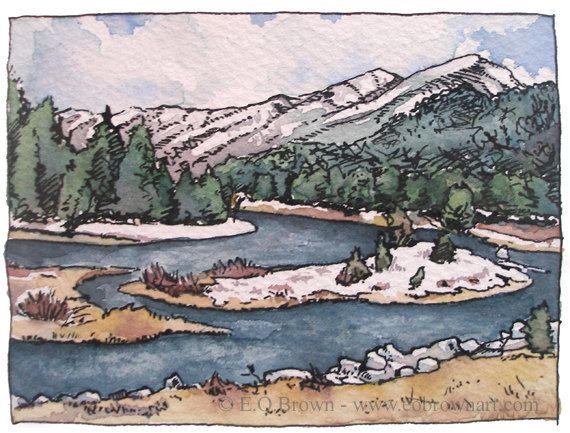 570x433 Madison River Montana Landscape Drawing Sketch Print By Eobrownart - Montana Sketch