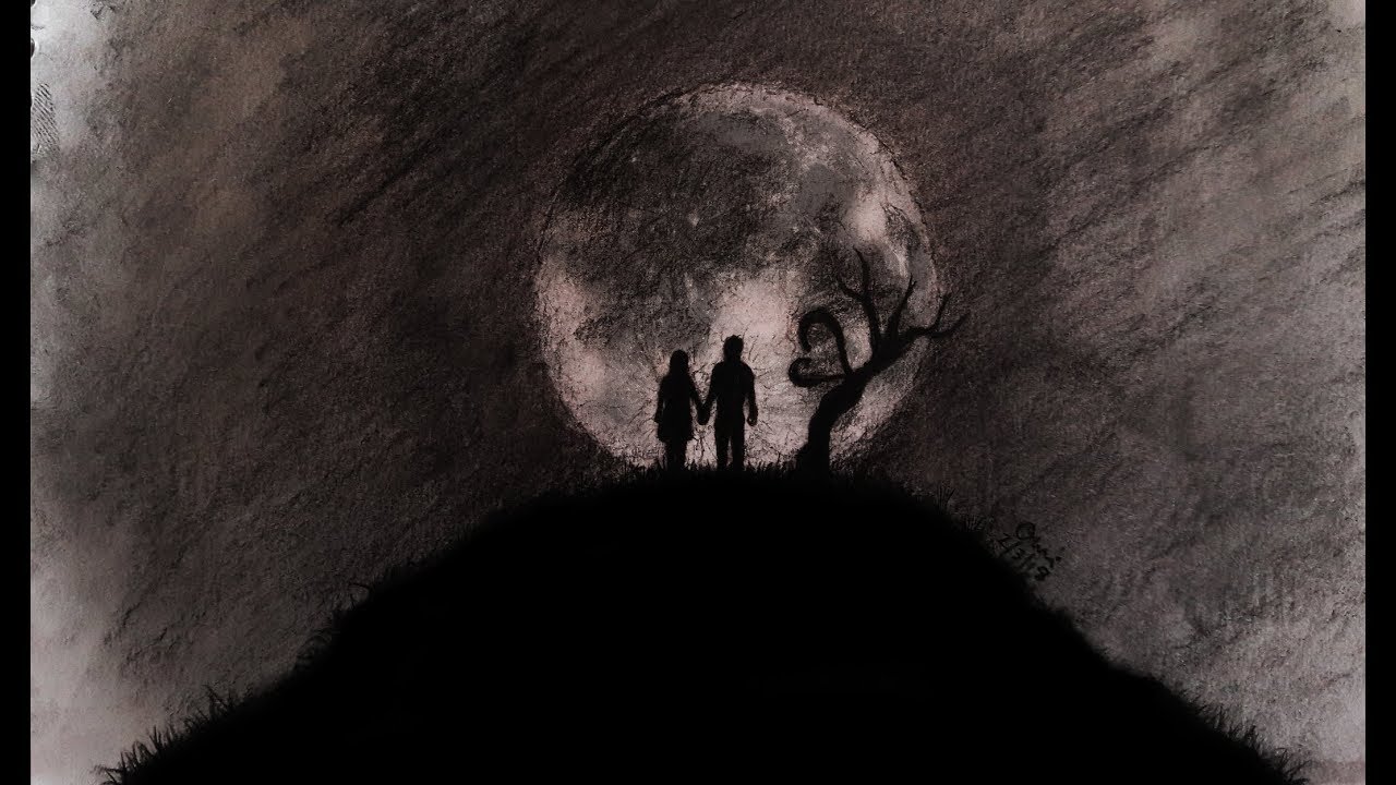 1280x720 Abstract Love And Moon Drawing Couple Drawing With Charcoal - Moon Pencil Sketch