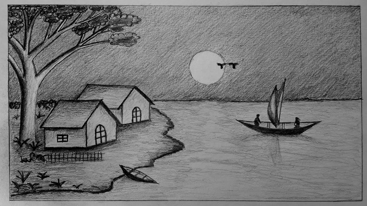 1280x720 How To Draw Moonlight Night With Pencil Step By Step - Moonlight Sketch