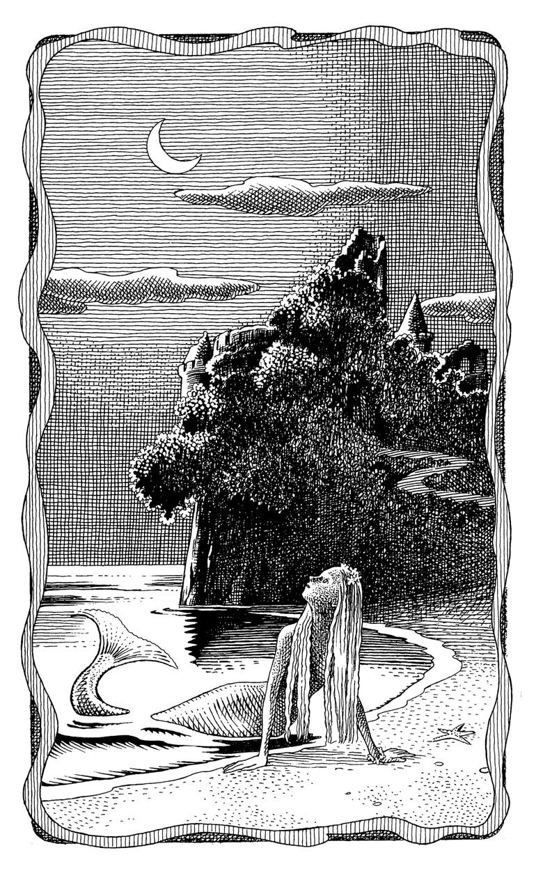 770x1251 Mermaid Under Moonlight Drawing By Kalliopi Ourania Varvaki - Moonlight Sketch