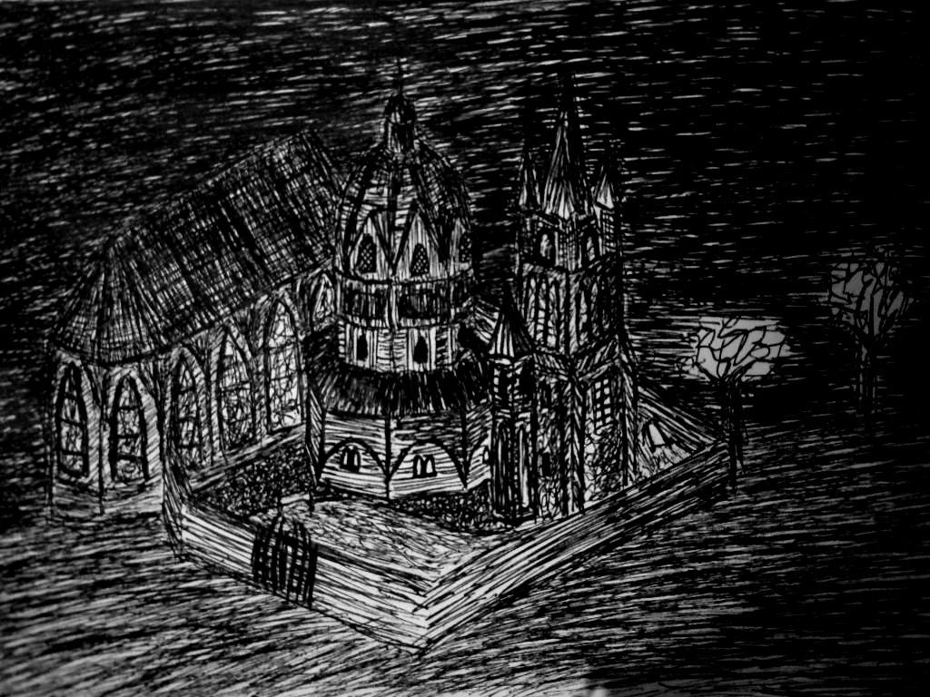 1024x768 Sketch Of A Gothic Cathedral In The Moonlight. Sketch Done In Pen - Moonlight Sketch