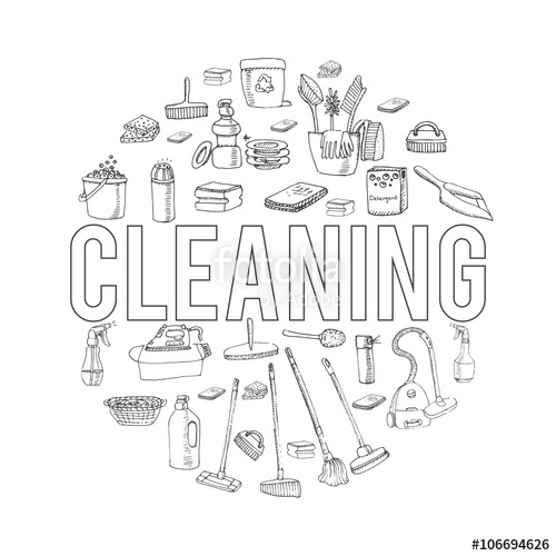 500x500 Hand Drawn Vector Cleaning Service Icons Set, Clean Symbols, Tools - Mop Sketch