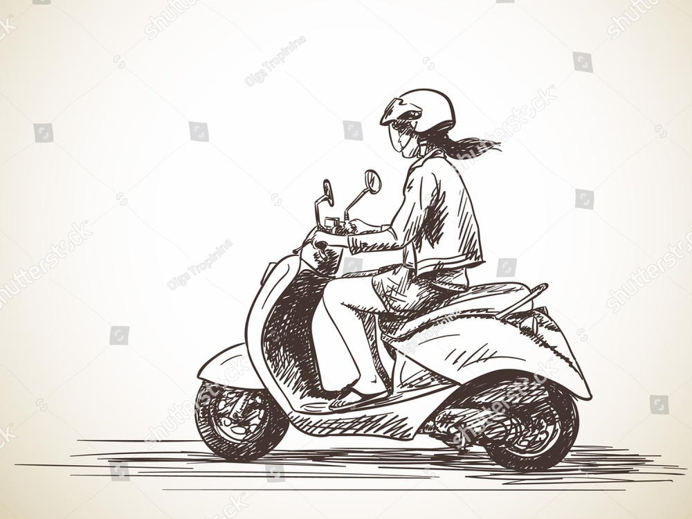 1000x750 Sketch Of Woman Riding Scooter Hand Drawn Vector Illustration Ez - Moped Sketch
