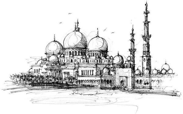 600x375 Grand Mosque Abu Dhabi Digital Sketch Print - Mosque Sketch