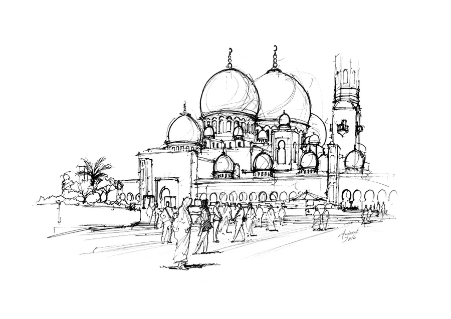 900x637 Mosque Drawing Sketch Drawing Skill - Mosque Sketch