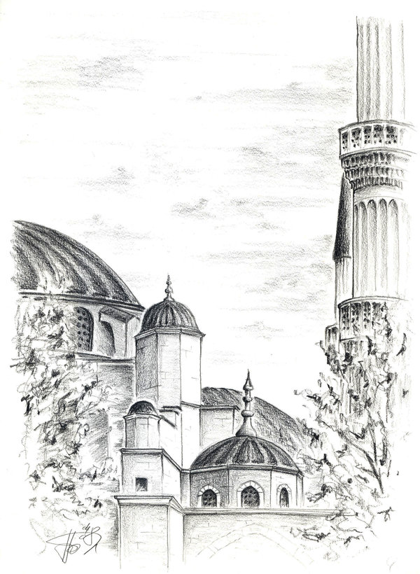 600x820 Blue Mosque Sketch By Thedeathspell - Mosque Sketch