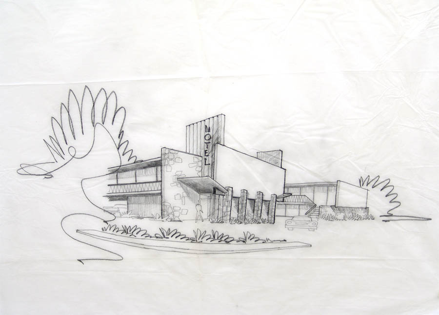 900x645 Sportmans Lodge Motel Concept Sketch 1959 Robert J. - Motel Sketch