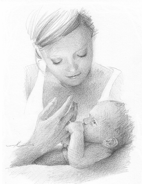 464x600 Mom And Baby Drawing By Mike Theuer Daler Rowney - Mother And Baby Pencil Sketch