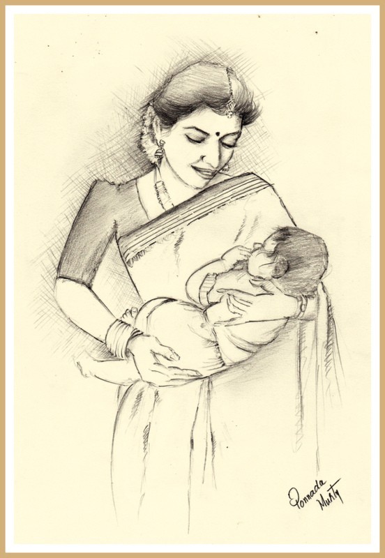 552x800 Pencil Sketch Of Mother And Baby - Mother And Baby Pencil Sketch