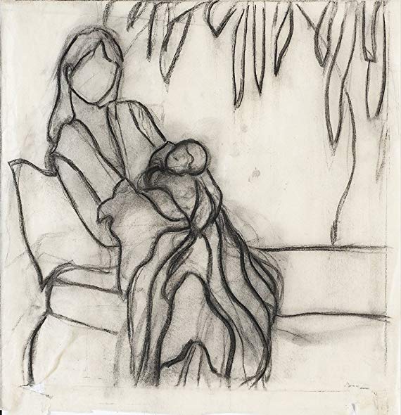 570x590 Modern Art Mother And Child Black And White Sketch - Mother And Child Sketch