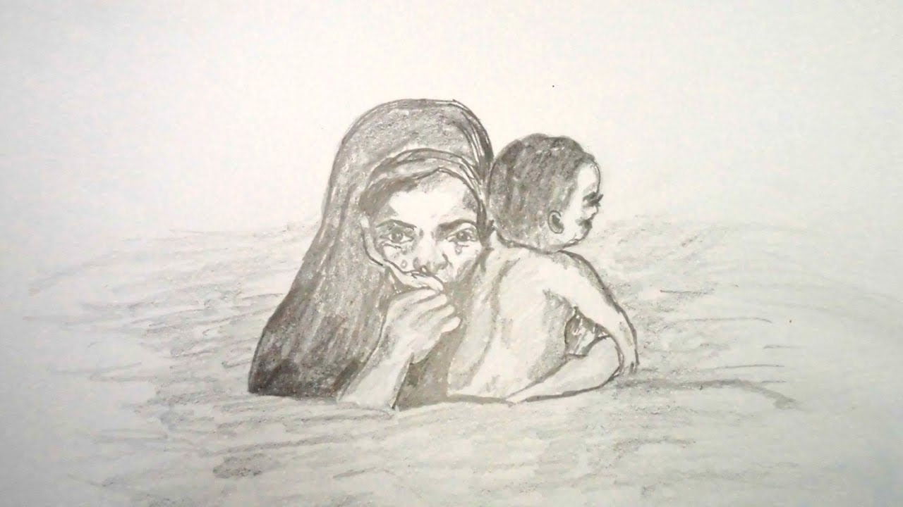 1280x720 Drawing Pencil Sketch How To Draw Pencil Sketch Scenery Of Flood - Mother And Child Sketch