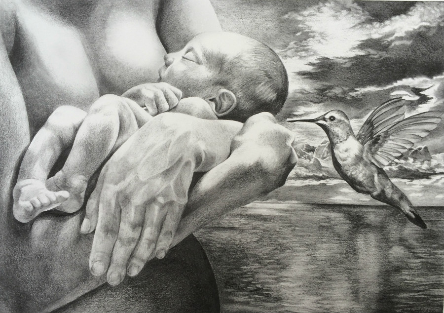 900x634 Mother And Child Drawing, Pencil, Sketch, Colorful, Realistic Art - Mother Baby Sketch