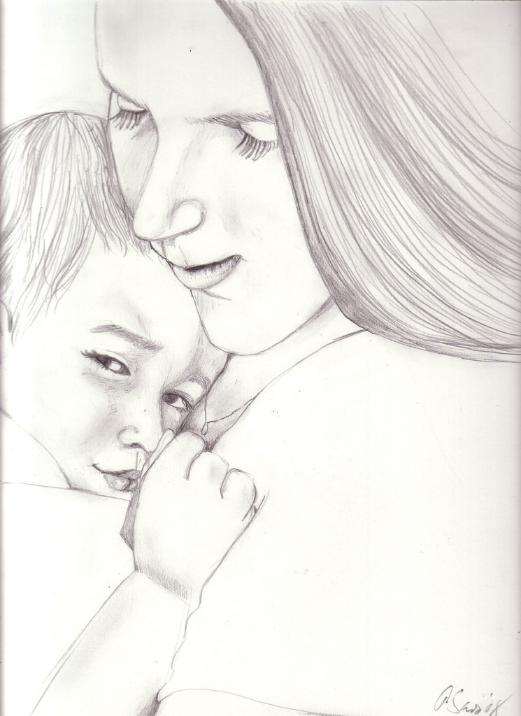 745x1024 Collection Of Mother And Child Sketch Drawing High Quality - Mother Child Sketch
