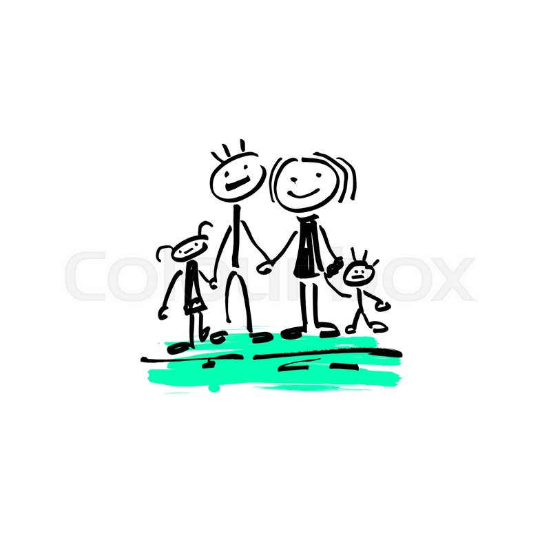 800x800 Hand Drawing Sketch Doodle Human Stick Figure Happy Family Father - Mother Daughter Sketch
