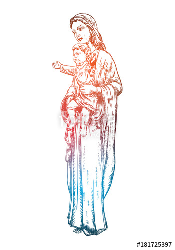 350x500 Virgin Mary Or Saint Mary Or Mother Of God With Baby Jesus Christ - Mother Mary Sketch