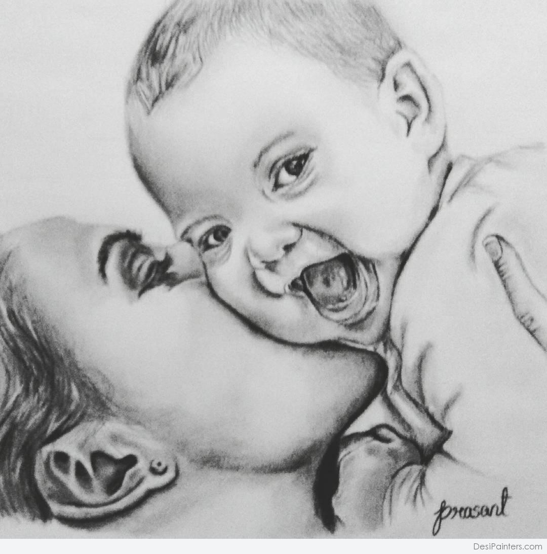 1080x1093 Pencil Sketch Of Mother And Child - Mother Sketch