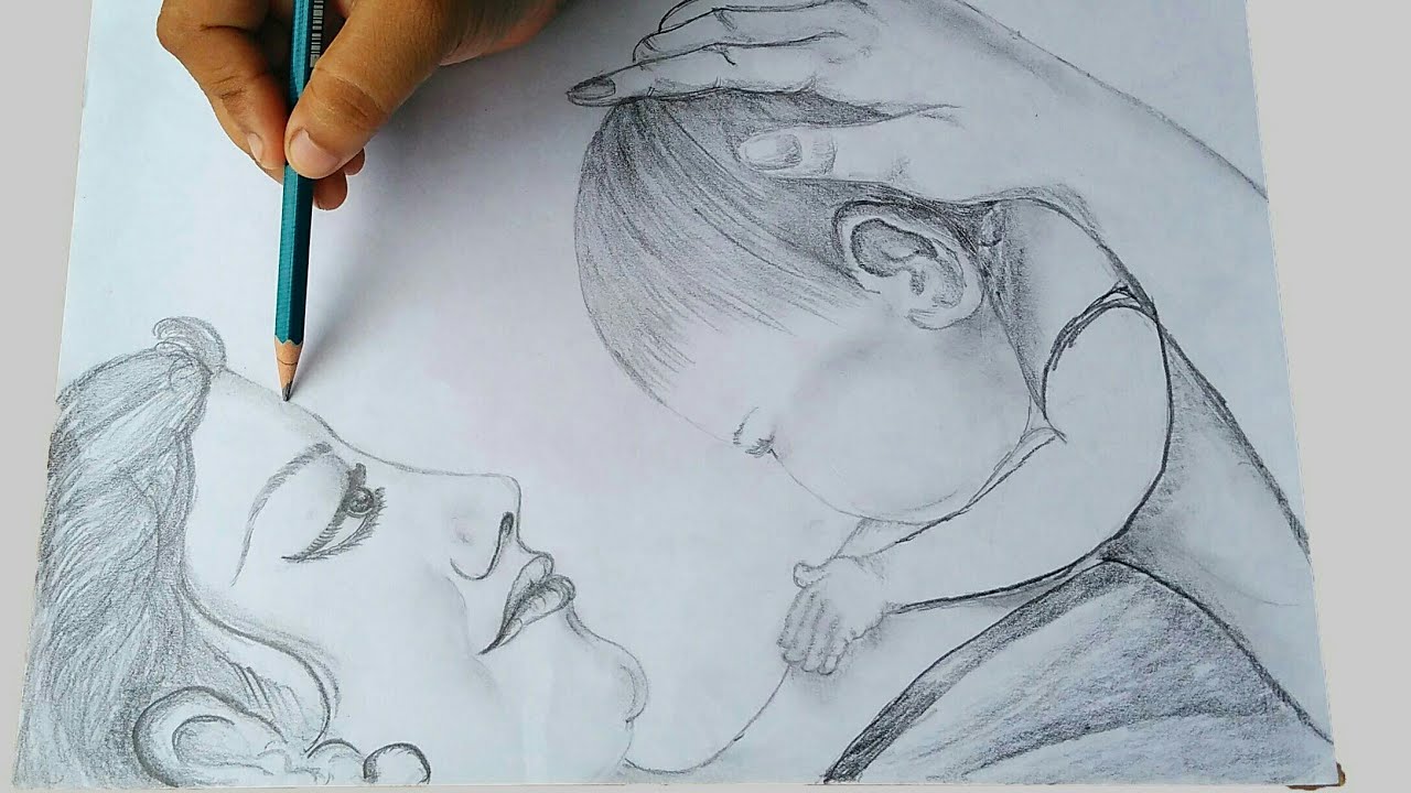 1280x720 Sketch Of Mother With Her Baby - Mother Sketch