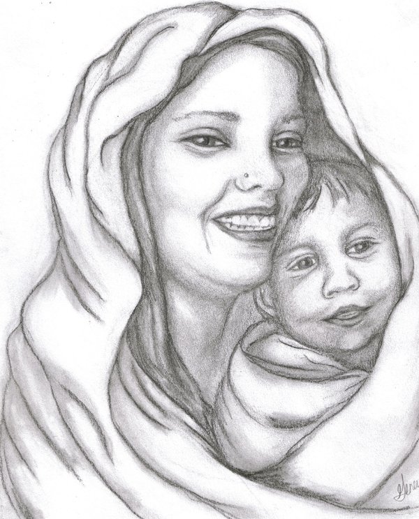 600x744 Mother And Child Drawing, Pencil, Sketch, Colorful, Realistic Art - Mother With Child Sketch