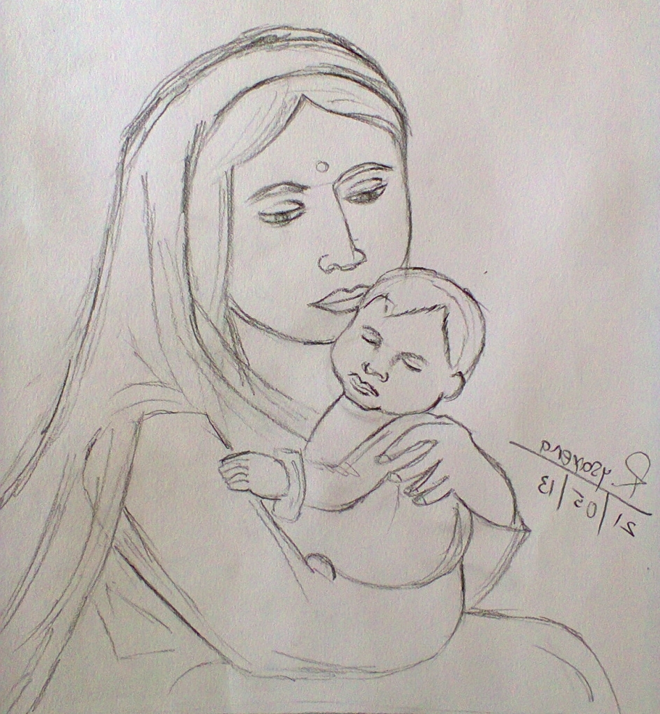 947x1024 Pencil Sketch Mother And Child Paintings Mother With Child Drawing - Mother With Child Sketch