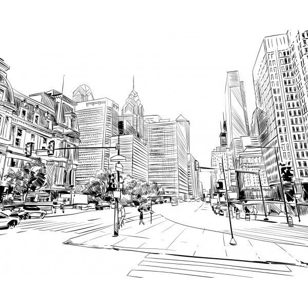 600x600 Contemporary Wallpaper Urban Motif Sketch Printed - Motif Sketch