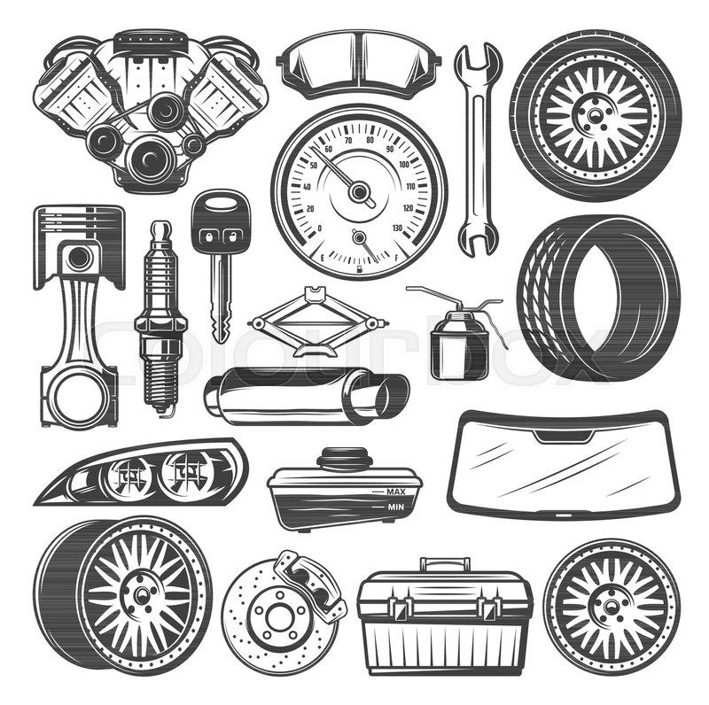 800x796 Auto Spare Parts And Instruments Sketch For Car Mechanics. Vector - Motor Sketch